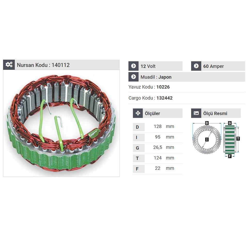 12V ALTERNATÖR STATÖR HITACHI TİPİ 60 A (3 UÇLU) ISUZU-MAZDA-MITSUBISHI-NISSAN