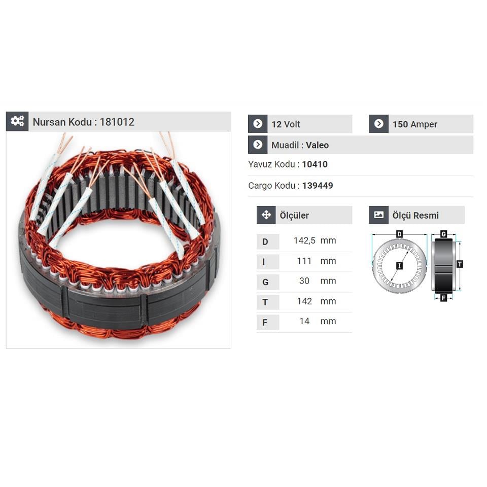 12V ALTERNATÖR STATÖR VALEO TİPİ 150 A (6 UÇLU)