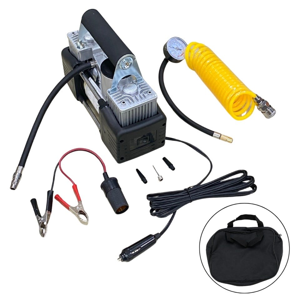 12V LASTİK ŞİŞİRME HAVA KOMPRESÖRÜ METAL ÇİFT PİSTONLU 150 psi