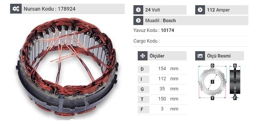 24V ALTERNATÖR STATÖR BOSCH TİPİ 112 A (6 UÇLU-TIRNAKLI) OTOBÜS