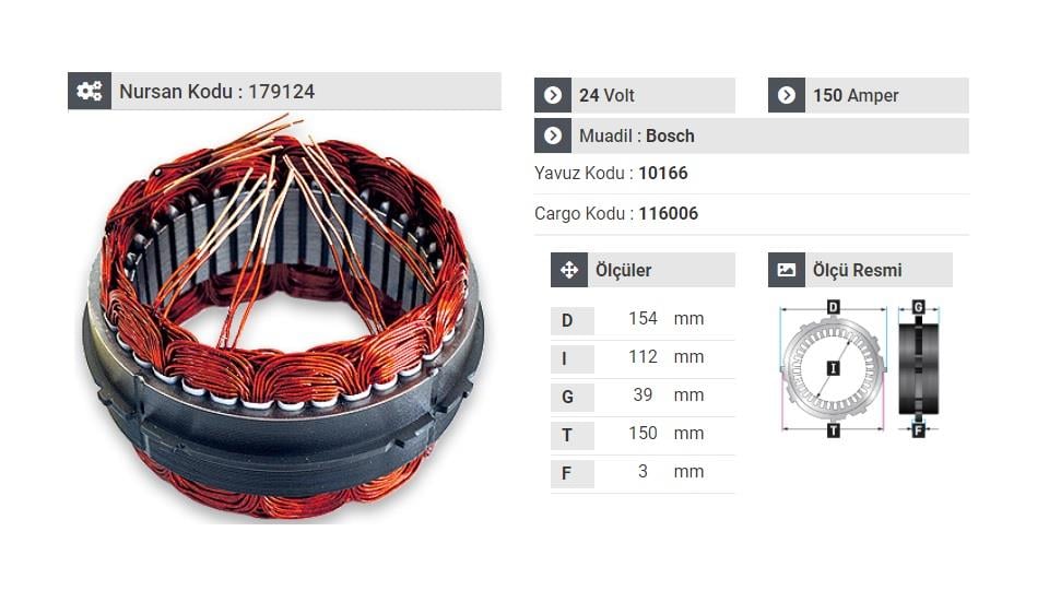 24V ALTERNATÖR STATÖR BOSCH TİPİ 150 A (6 UÇLU-TIRNAKLI) MERCEDES-MITSUBISHI-VOLVO EURO 6 MOTOR