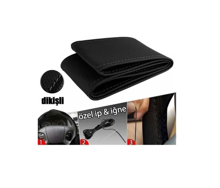 DİREKSİYON KILIFI SİYAH (MAVİ DİKİŞLİ) (SUNİ DERİ) (38-40 CM)