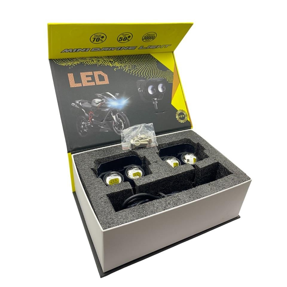 9V-36V LED LAMBA YUVARLAK MERCEKLİ (2 FONKSİYONLU SARI-BEYAZ) TRANSFORMERS MOTOSİKLET