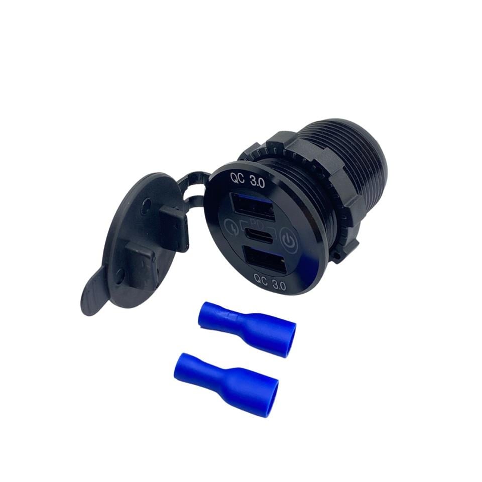 12V-24V TELEFON ŞARJ CİHAZI (USB X2+TYPE-C) (3 A) (OFF-ON DOKUNMATİK) (MAVİ IŞIK) (28 MM)