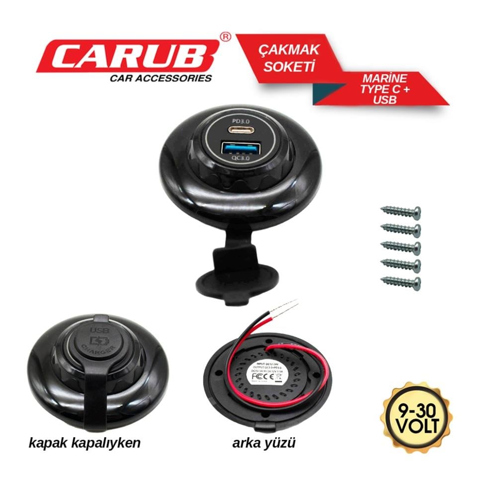 9V-30V TELEFON ŞARJ CİHAZI (USB+TYPE-C) (3.0A) (KAPAKLI MARİN)