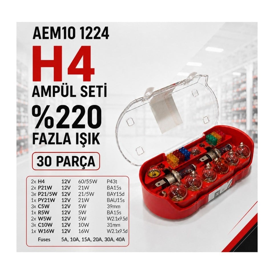 12V H4 AMPUL-SİGORTA SETİ (ACİL SET) (+%220 FAZLA IŞIK) (30 PARÇA)