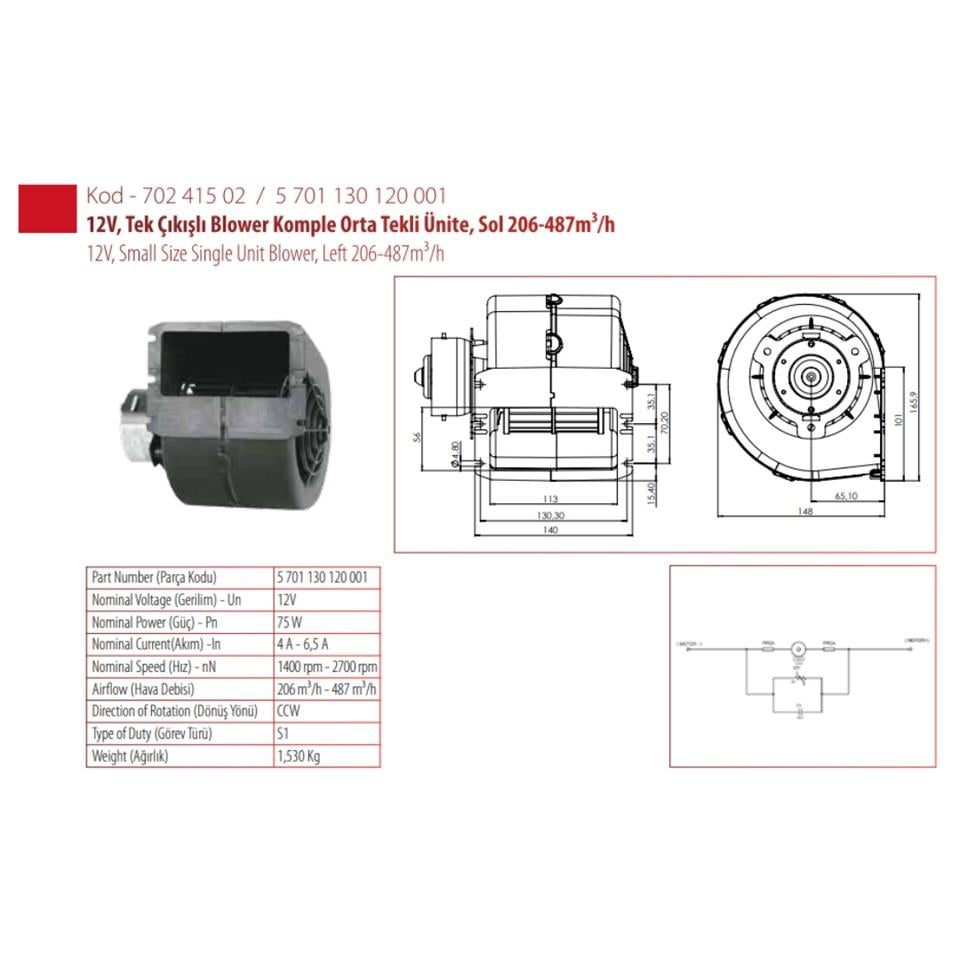 KORMAS 12V KALORİFER MOTORU TEKLİ BLOWER ORTA TİP (TEK DEVİR) (140*166*148 MM)