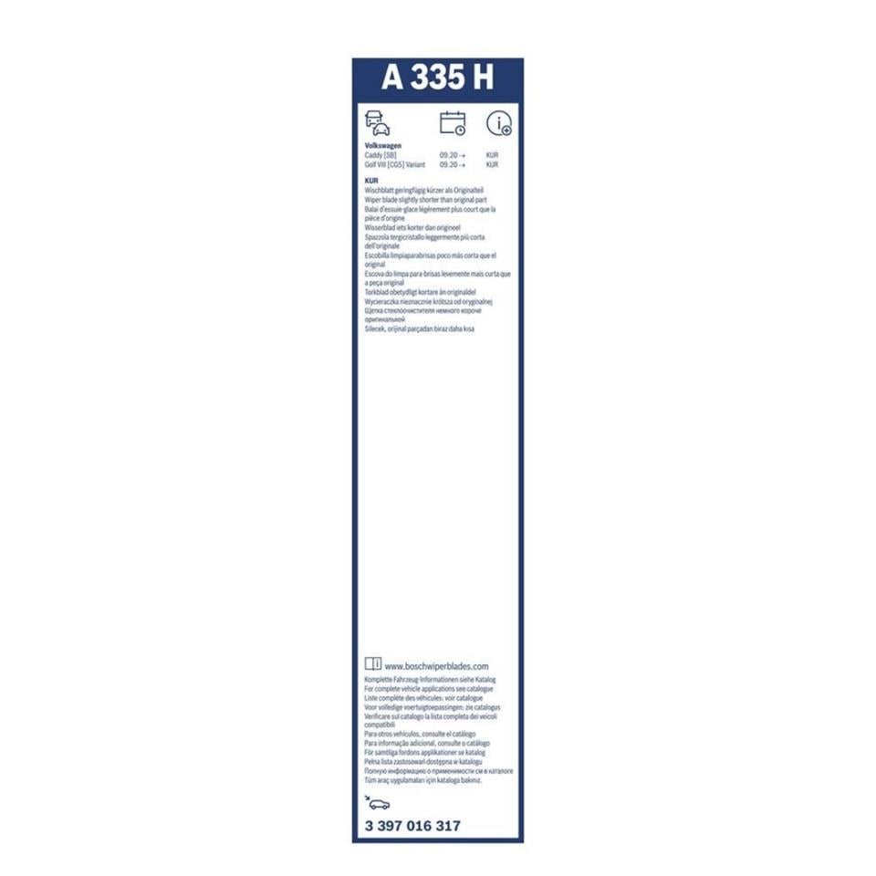 BOSCH SİLECEK SÜPÜRGESİ 330 MM AEROTWIN ARKA (A335H) SKODA KAROQ/OCTAVIA-VW CADDY/GOLF/PASSAT/T-ROC