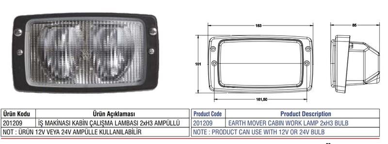 ÇALIŞMA LAMBASI DİKDÖRTGEN (2 X H3 AMPULSÜZ) (ÇERÇEVELİ) (183*101 MM) İŞ MAKİNASI