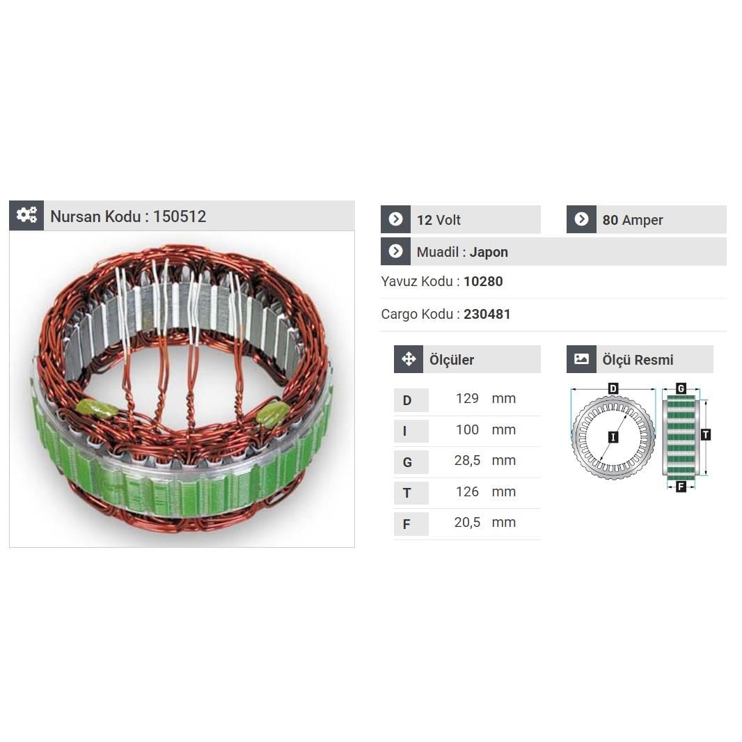 12V ALTERNATÖR STATÖR 80 A (4 UÇLU) (KLİMALI) MITSUBISHI L200/L300