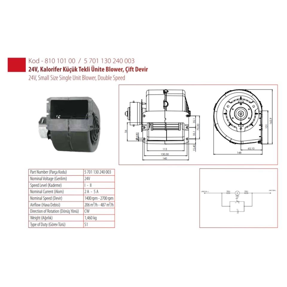 KORMAS 24V KALORİFER MOTORU KÜÇÜK TİP (TEKLİ) (BLOWER) (2 DEVİR)