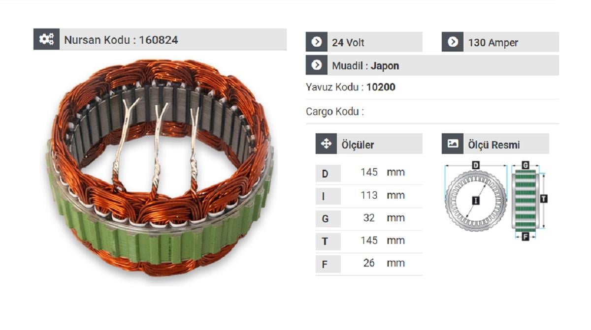 24V ALTERNATÖR STATÖR MITSUBISHI TİPİ 130 A (3 UÇLU) FORD CARGO