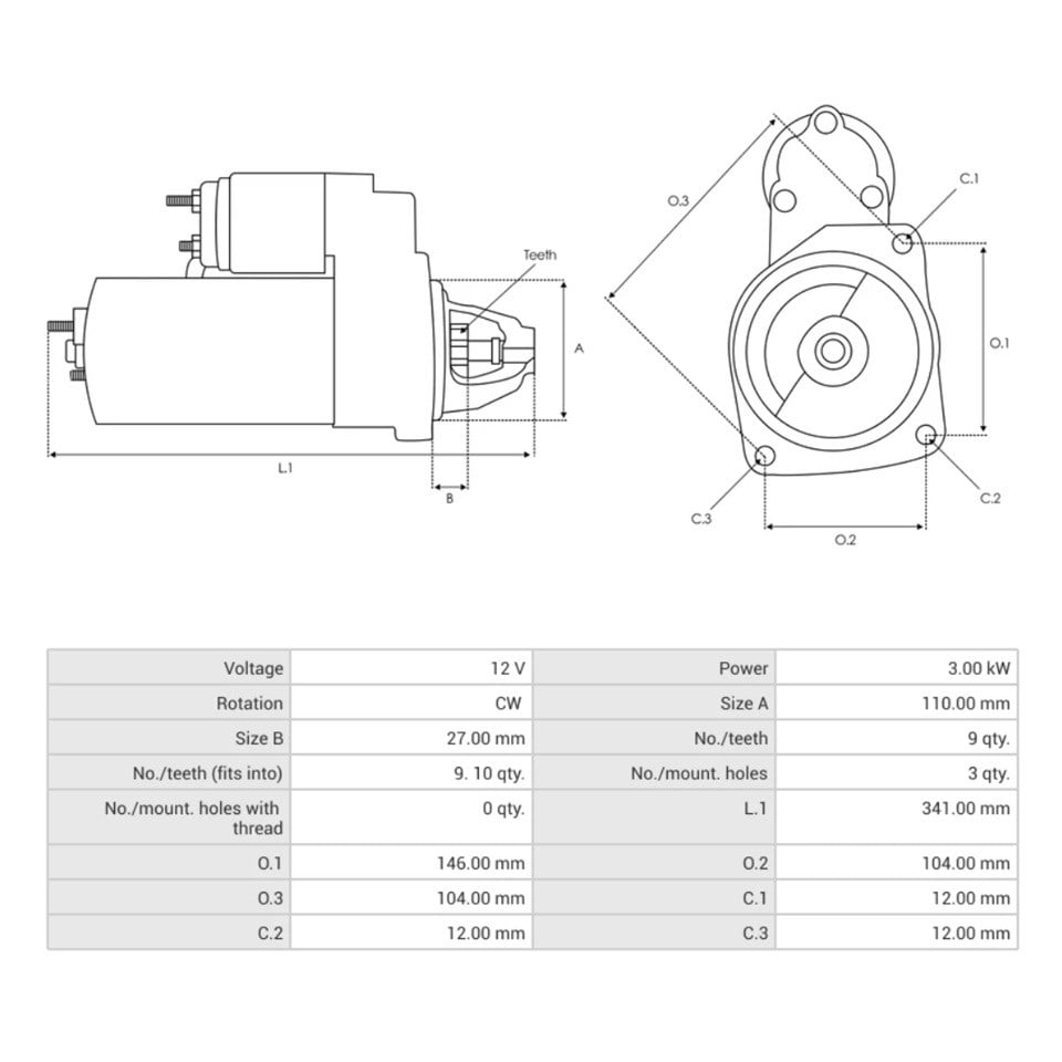 12V MARŞ MOTORU BOSCH TİPİ 9 DİŞ 3.5 KW IVECO-MAGIRUS-VOLVO