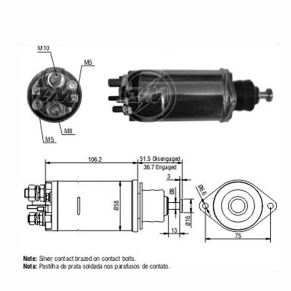 ZM 12V MARŞ OTOMATİĞİ DELCO TİPİ (GÖVDE 52 MM) (3 DELİK) (UZUN PİSTON) M5 SAĞ