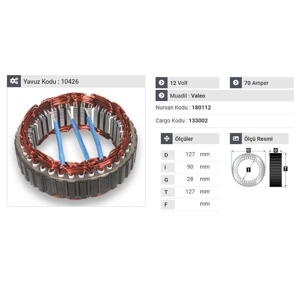 12V ALTERNATÖR STATÖR 70 A VALEO TİPİ R9/R11
