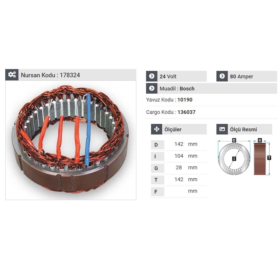 24V ALTERNATÖR STATÖR BOSCH TİPİ 80 A (4 UÇLU) (TEK TEL)