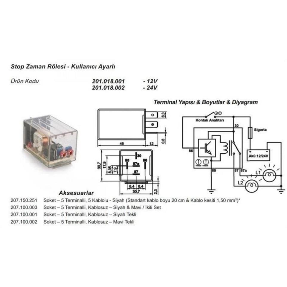 24V STOP ZAMAN RÖLESİ AYARLI 5 UÇLU (0.1 SN-11 SAAT ARASI) (OTOMATİK KATLANIR AYNA-MULTIMEDIA VS)