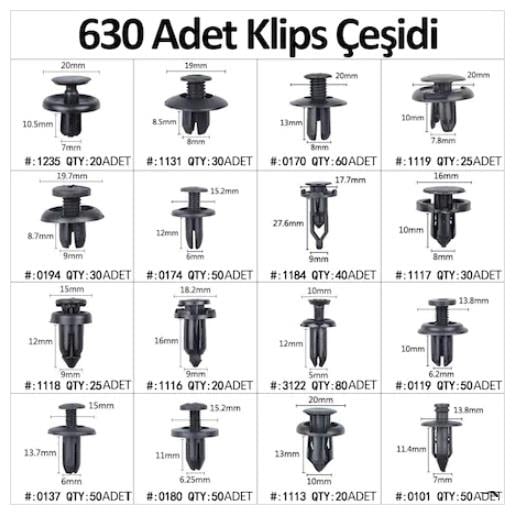 KAPI DÖŞEME-TAMPON-TORPİDO-TRİM PLASTİK PANEL OTO KLİPS SETİ (630 PARÇA)