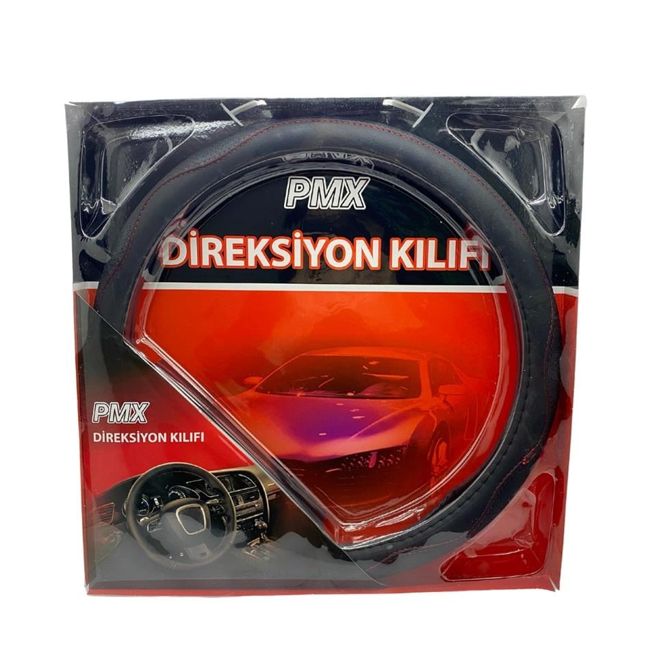 DİREKSİYON KILIFI (SİYAH-KIRMIZI DİKİŞLİ) (SUNİ DERİ) (38 CM)