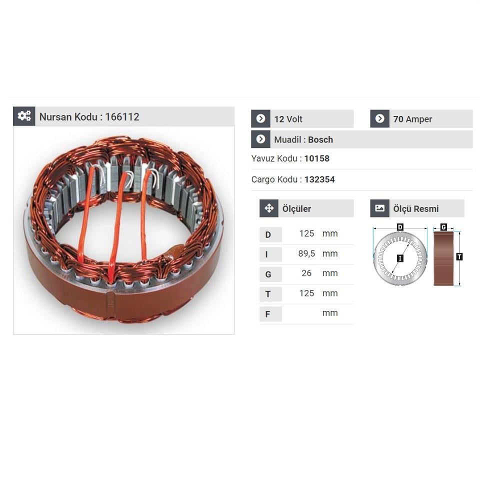 12V ALTERNATÖR STATÖR BOSCH TİPİ 70 A (3 UÇLU)