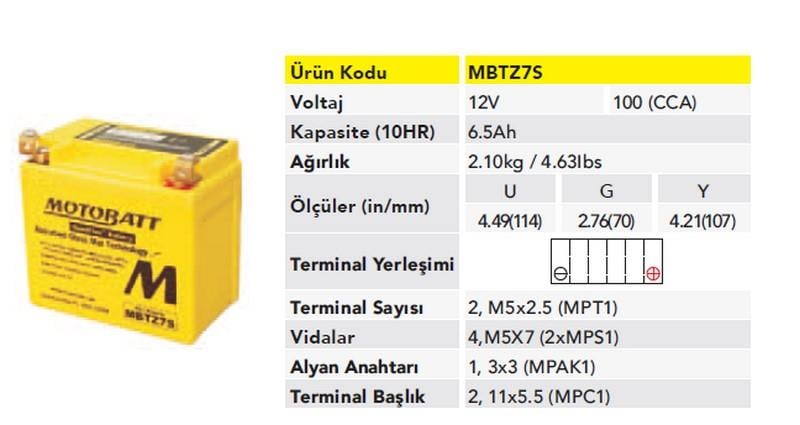 MOTOBATT 12V 6.5 AH MOTOSİKLET AKÜSÜ 100 A (EN) (114*70*107) (YTZ7S)