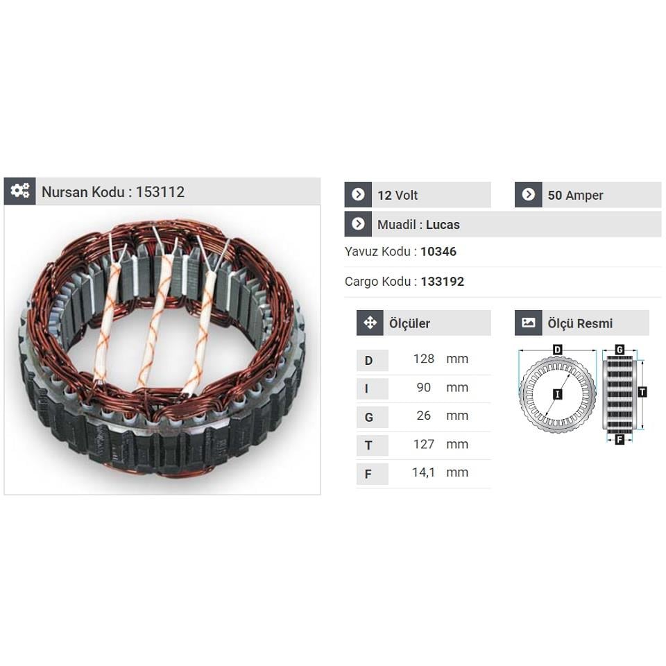 12V ALTERNATÖR STATÖR LUCAS TİPİ 50 A (3 UÇLU) BMC FATİH/TM30