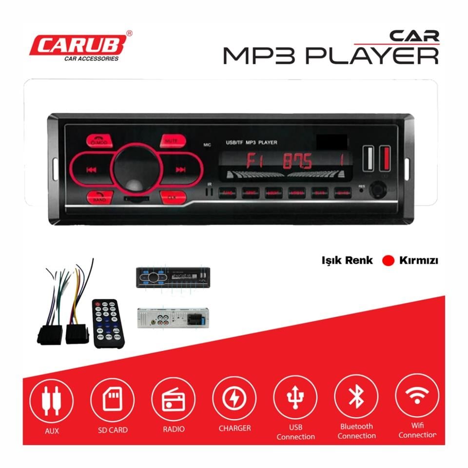OTO TEYP-RADYO AUX/BLUETOOTH/MP3/SD KART/USB X 2 ŞARJ (UZAKTAN KUMANDALI) (KIRMIZI IŞIKLI)