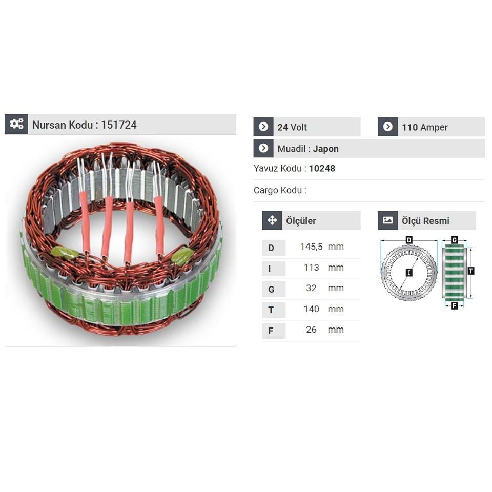 24V ALTERNATÖR STATÖR MITSUBISHI TİPİ 110 A (4 UÇLU) DAF-IVECO-RENAULT-SCANIA-VOLVO