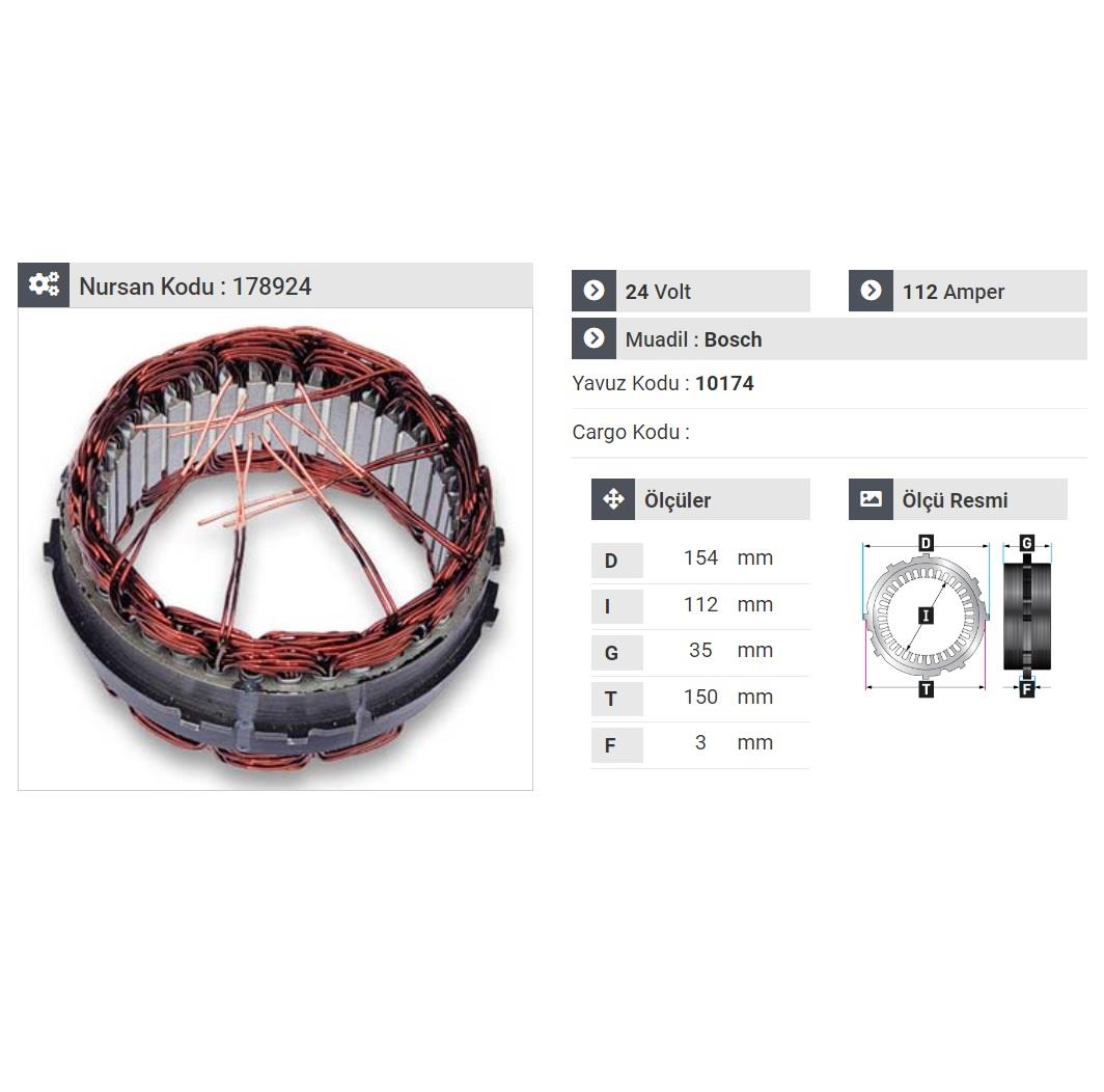 24V ALTERNATÖR STATÖR BOSCH TİPİ 112 A (6 UÇLU-TIRNAKLI) OTOBÜS