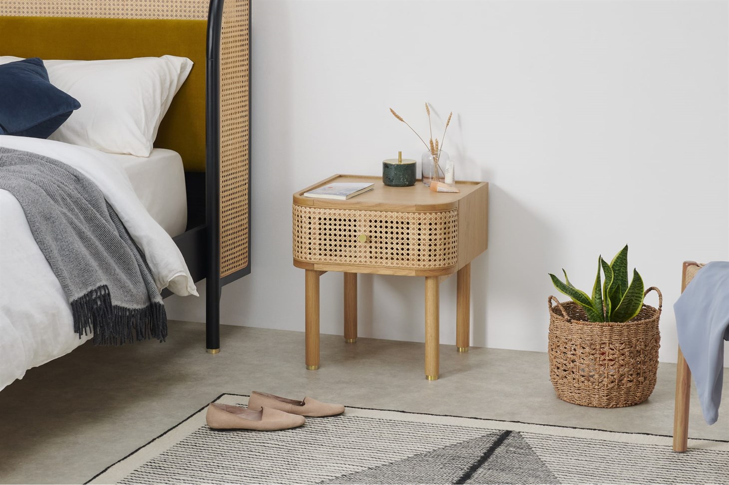Ankhara Bedside Table, Rattan  Oak