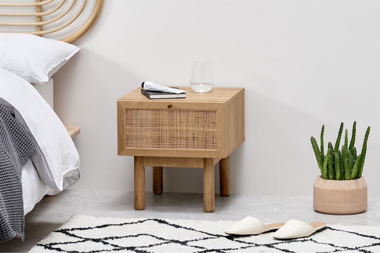 Pavia Bedside Table, Natural Rattan  Oak Effect