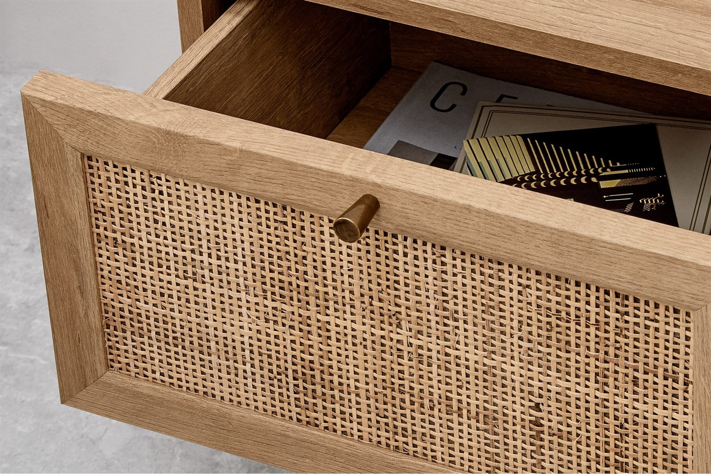 Pavia Bedside Table, Natural Rattan  Oak Effect