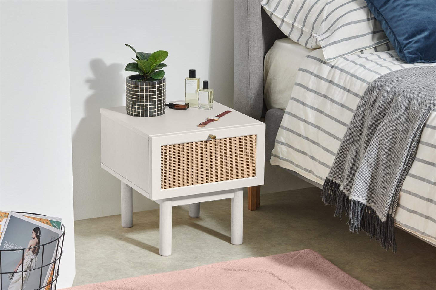 Pavia Bedside Table, Natural Rattan  White-Washed Oak Effect