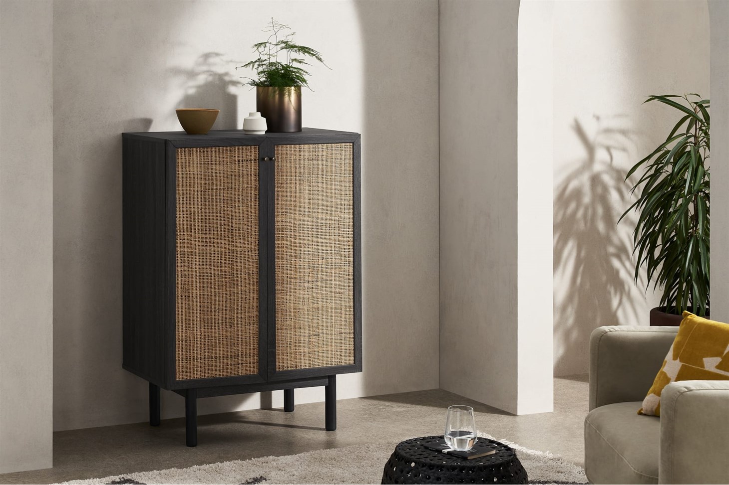 Pavia Compact Highboard, Natural Rattan  Black Wood Effect