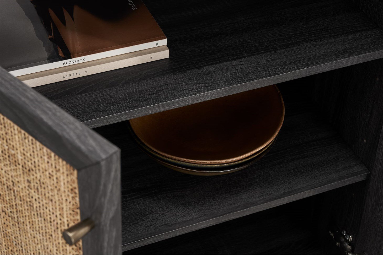 Pavia Compact Highboard, Natural Rattan  Black Wood Effect