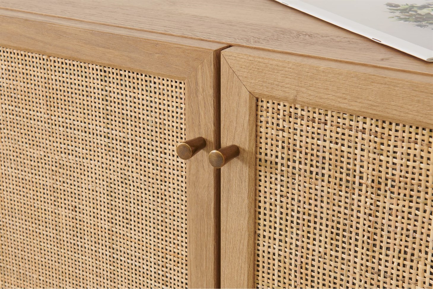 Pavia Compact Highboard, Natural Rattan  Oak Effect