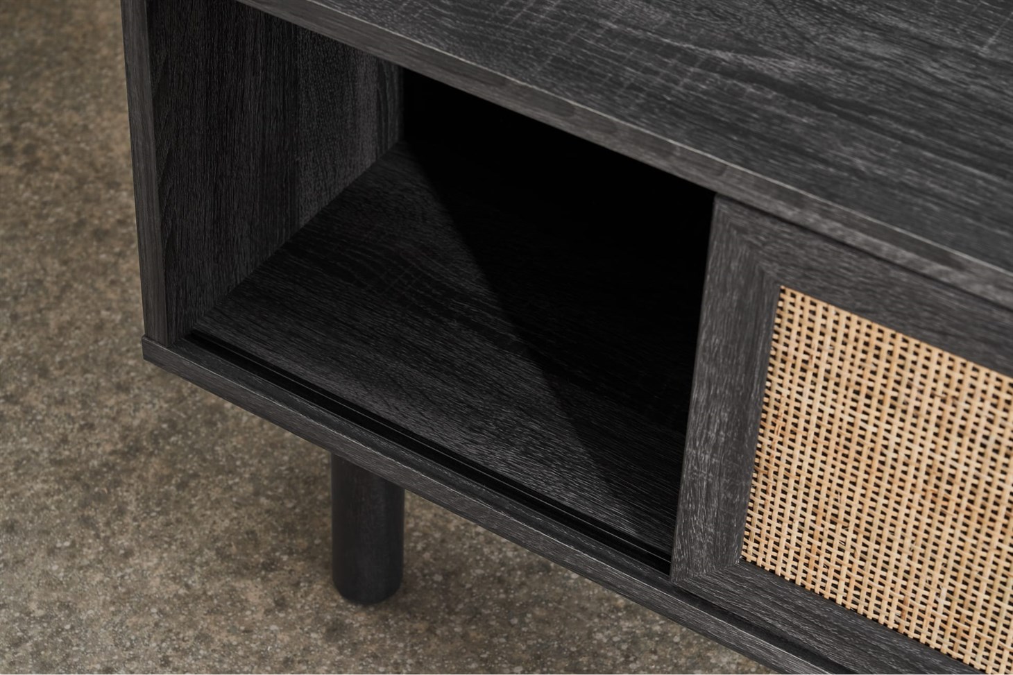 Pavia Compact Media Unit, Natural Rattan  Black Wood Effect