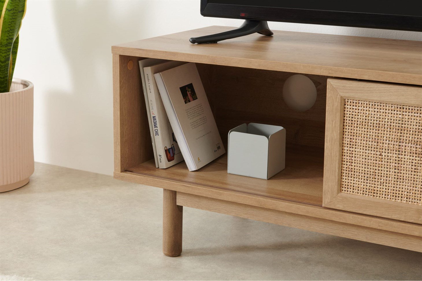 Pavia Compact TV Stand, Natural Rattan  Oak Effect