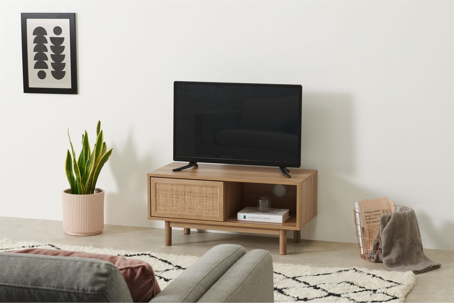 Pavia Compact TV Stand, Natural Rattan  Oak Effect
