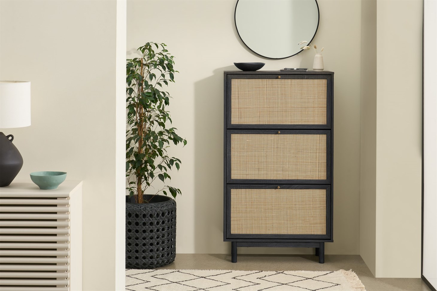Pavia Double Shoe Storage, Natural Rattan  Black Wood Effect