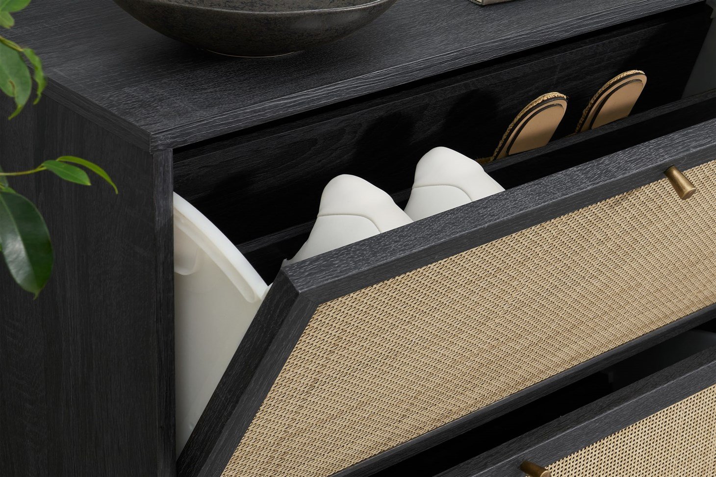 Pavia Double Shoe Storage, Natural Rattan  Black Wood Effect