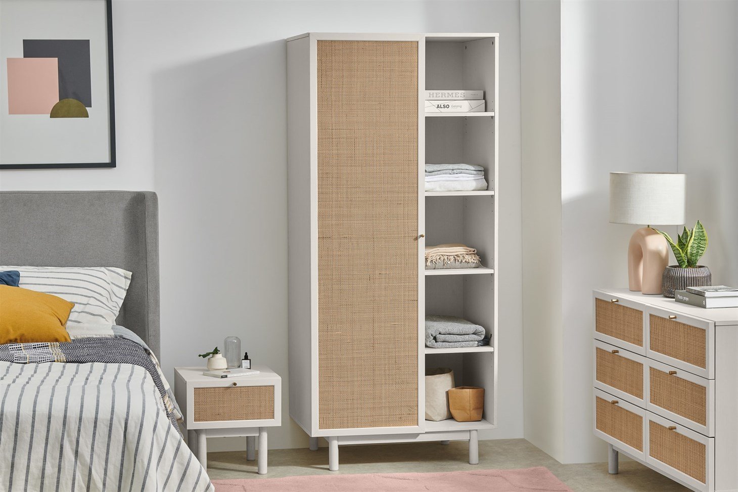 Pavia Double Wardrobe, Natural Rattan  White-Washed Oak Effect
