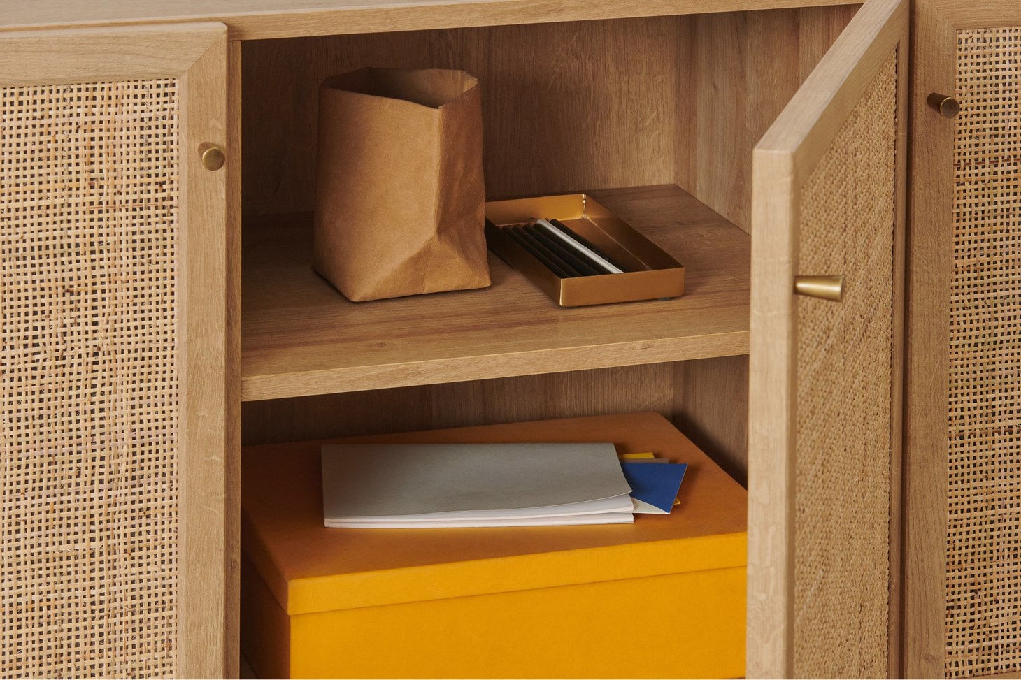 Pavia Sideboard, Natural Rattan  Oak Effect