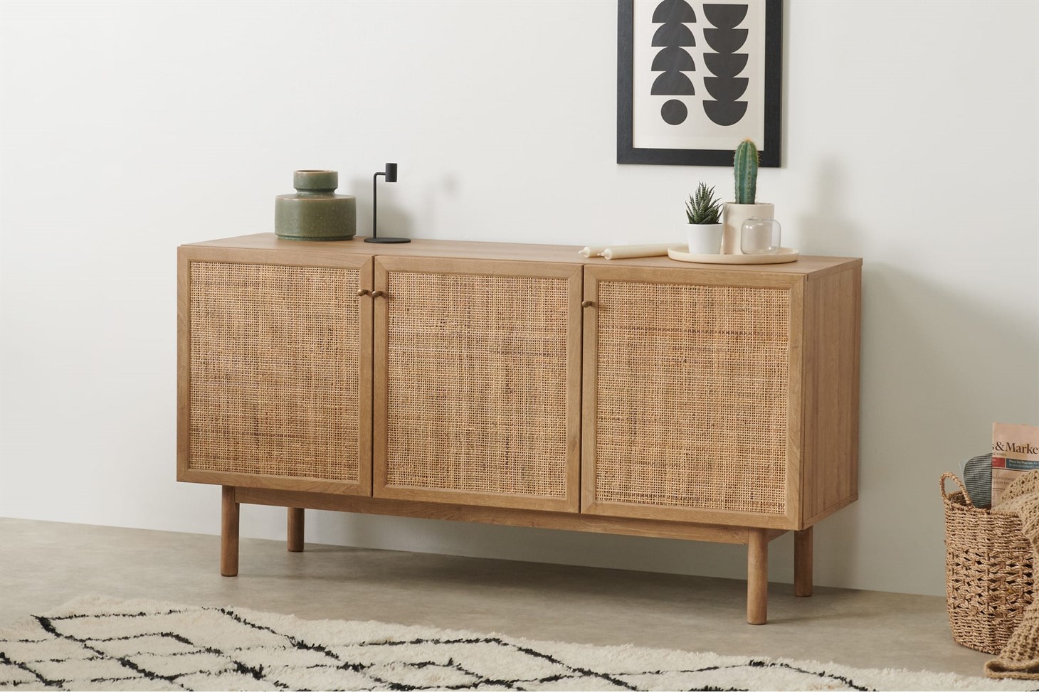Pavia Sideboard, Natural Rattan  Oak Effect