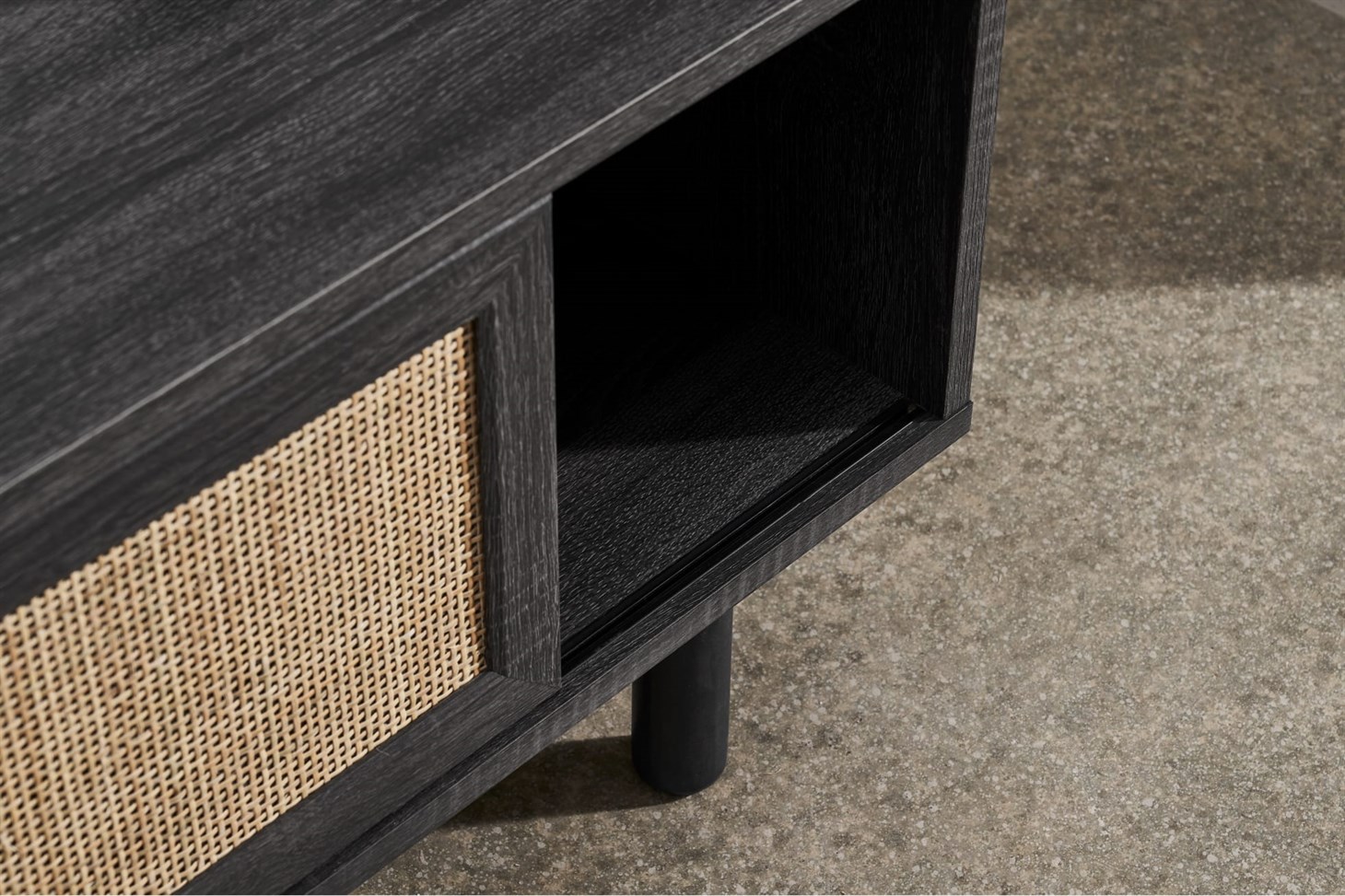 Pavia Wide TV Stand, Natural Rattan  Black Wood Effect