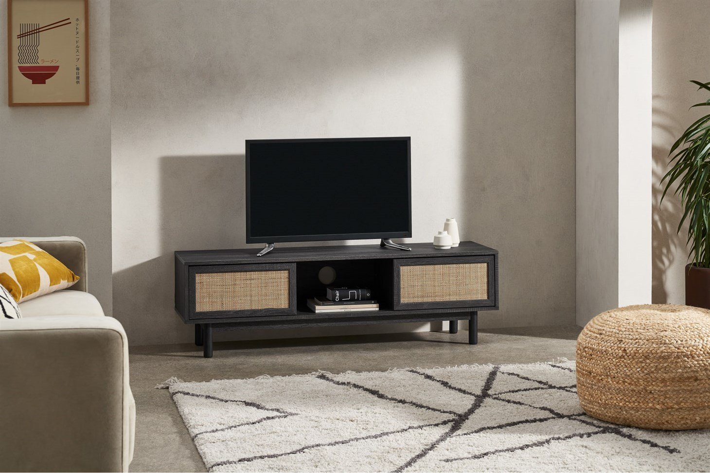 Pavia Wide TV Stand, Natural Rattan  Black Wood Effect