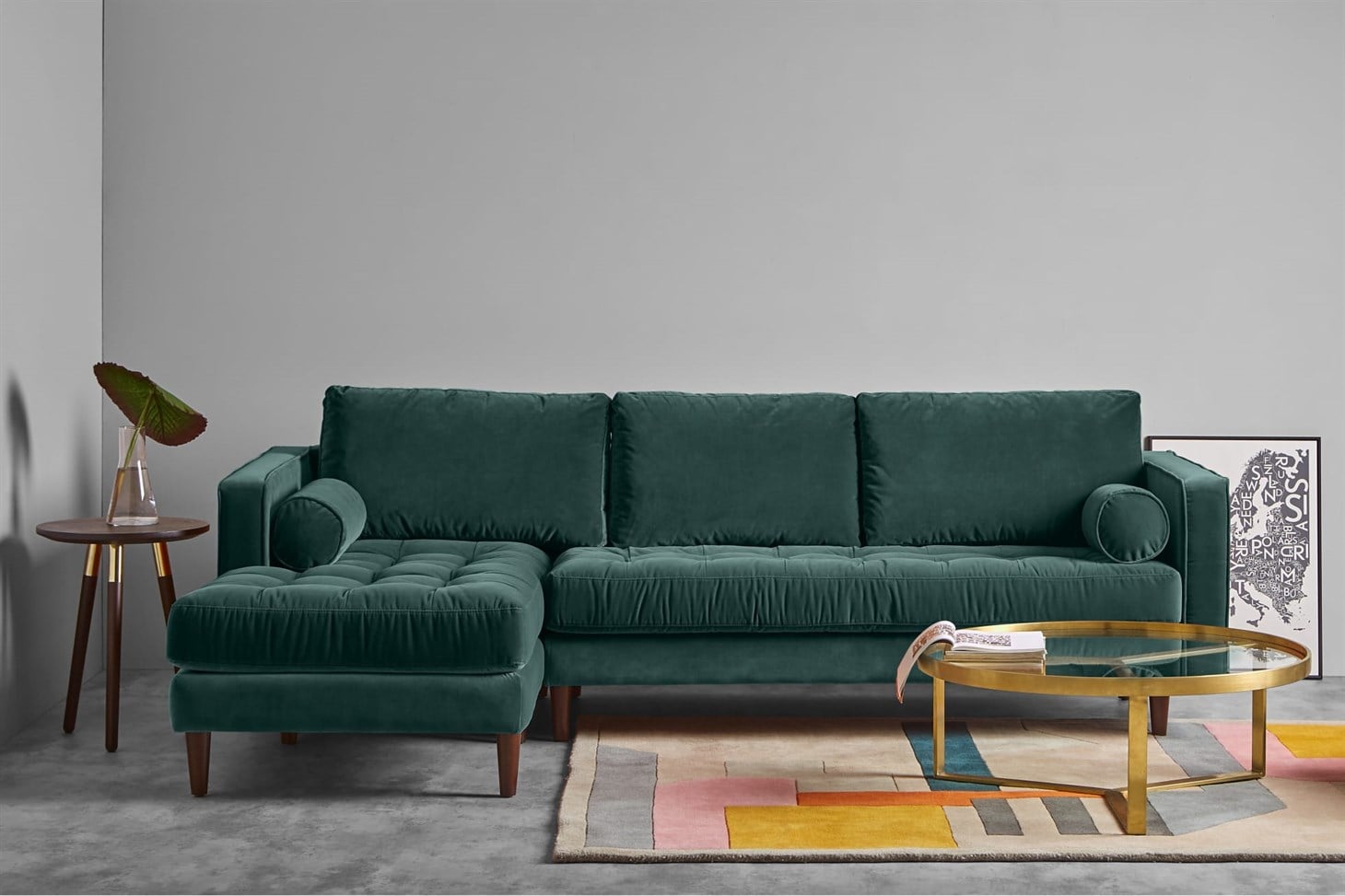 Scott 4 Seater Left Hand Facing Chaise End Corner Sofa, Petrol Cotton Velvet