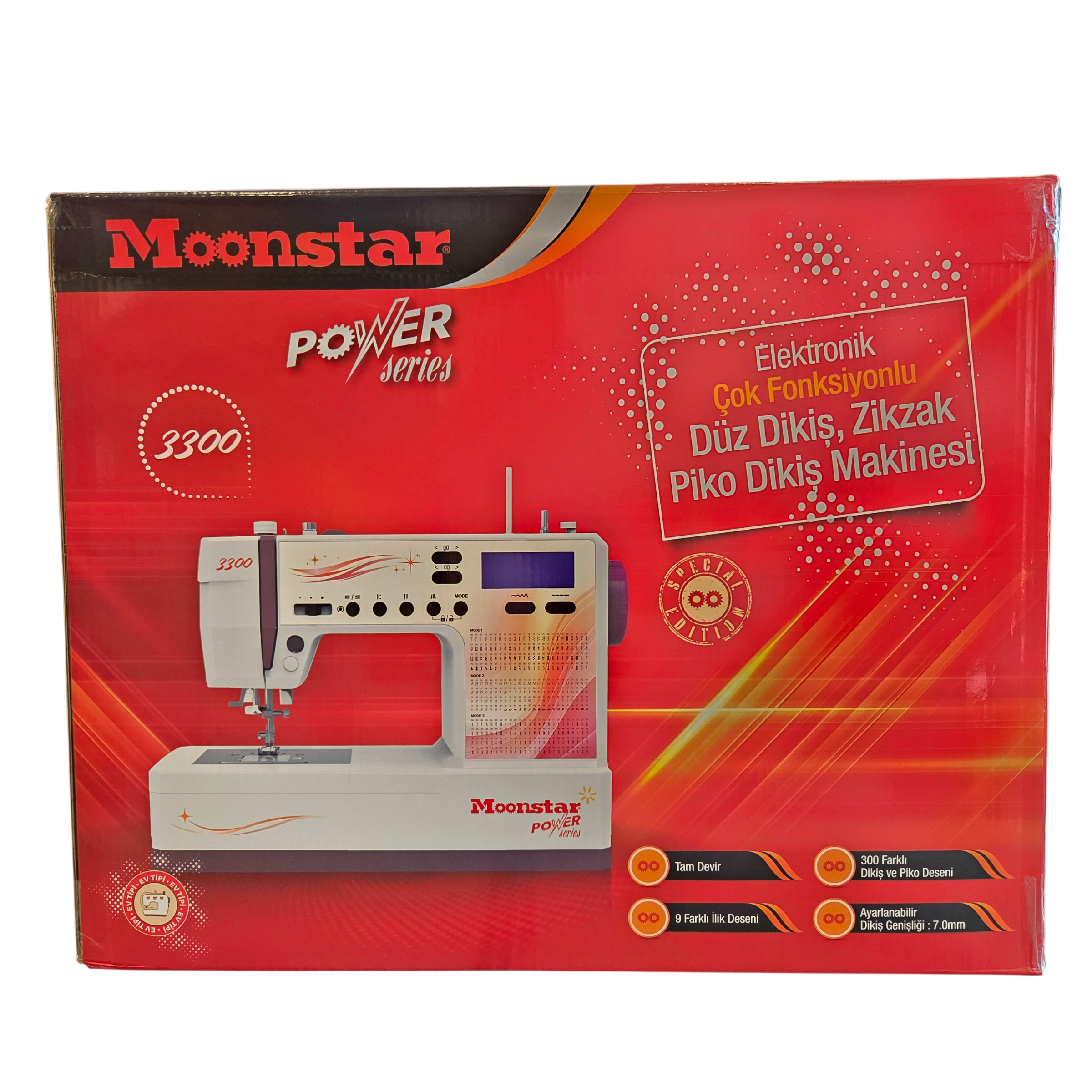 EV TİPİ DİKİŞ MAKİNELERİMoonstarEv Tipi Elektronik Düz Dikiş Makinesi 300 Desen / Model 3300