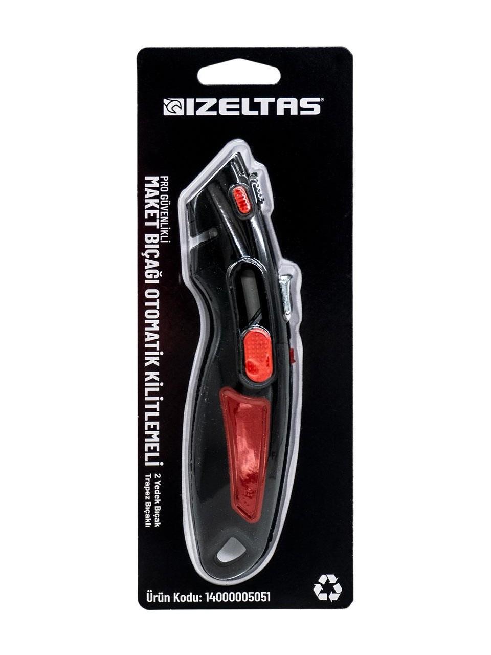 İzeltaş Pro Güvenlikli Otomatik Kitlemeli Trapez Maket Bıçağı (2 Yedek Bıçaklı)