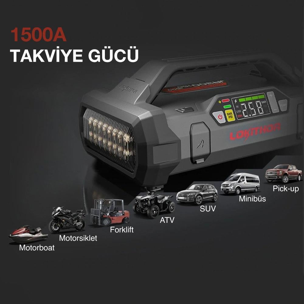 Lokithor APARTX1500 12V 1500Amp Li-Polimer Akıllı Akü Takviye + Pompa + Powerbank + Led Lamba